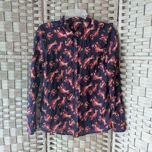 Monoprix Femme Button Up Shirt Navy Lobster Print Long Sleeve Sz 38 100% Cotton